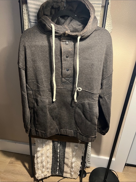 Zenana Outfitters Tops - Zenana Outfitters Charcoal Hooded Pullover with Cream Drawstrings
